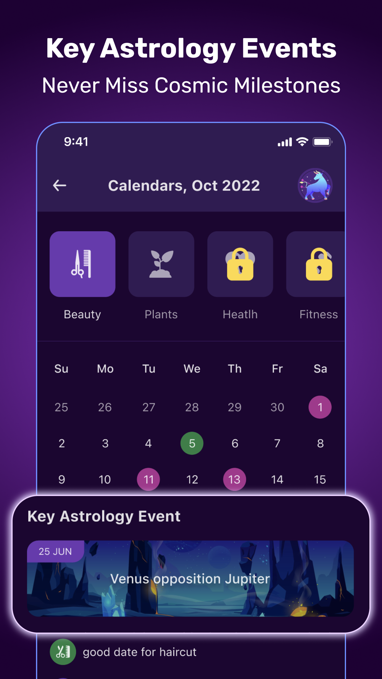 Astrology calendar with key events and best days for beauty, health and fitness