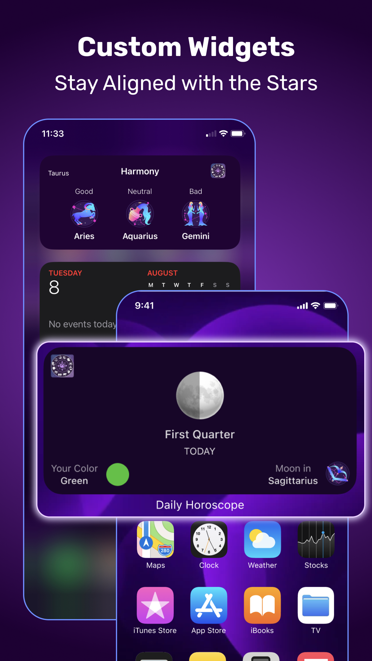 iPhone home screen widgets showing moon phase and zodiac harmony of the day